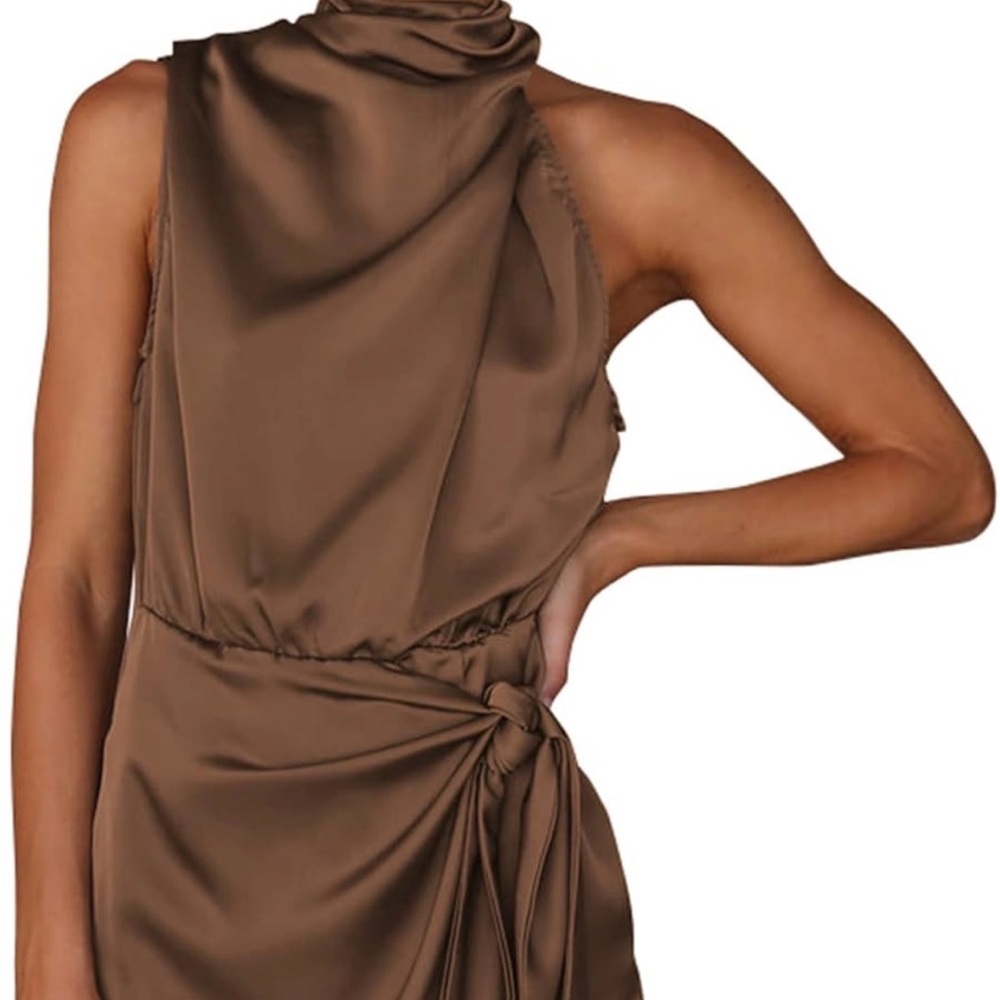 Prettygarden Asymmetrical Brown Satin Tie-Waist Dress
